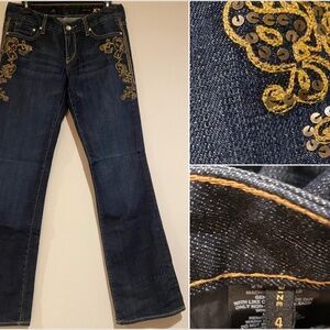 EXPRESS Fashion Denim Blue Jeans Gold Sequin & Threadding Size 4